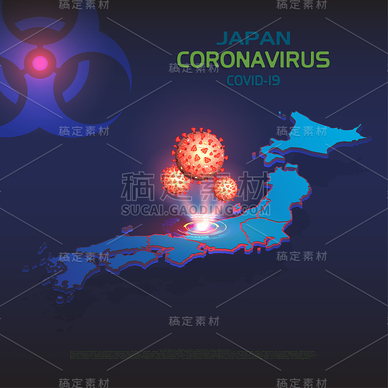 日本的冠状病毒。日本与地区国家的等角地图。新型冠状病毒细菌COVID-2019的三维全息图分子，在未