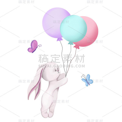 可爱的孩子插图在白色的背景。小兔子拿着气球围着蝴蝶转。邀请参加生日或宝宝派对。儿童纺织品