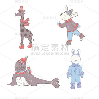 一组可爱的动物在冬天。幼儿园的艺术。简约的北欧风格。