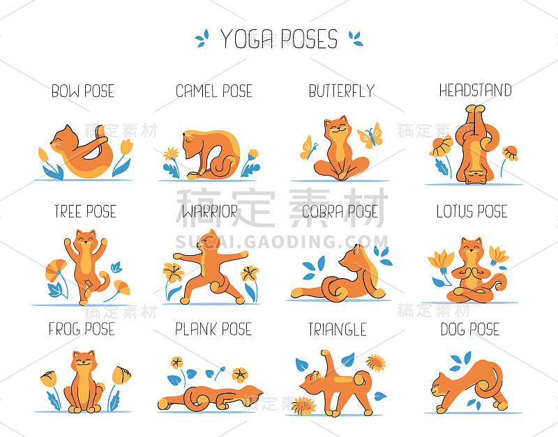 那套猫和瑜伽。收集有趣的动物是很好的标志设计