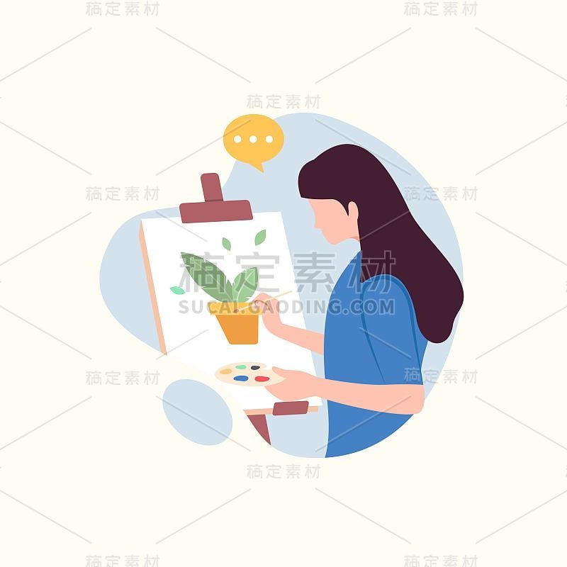 女艺术家画一个植物设计概念矢量插图