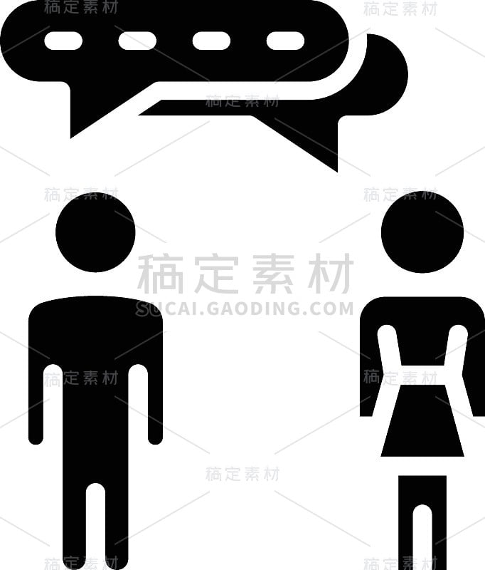 团队成员之间的沟通概念，人力资源管理符号在白色背景，男性女性与聊天气泡矢量字形图标设计，讨论会议标志