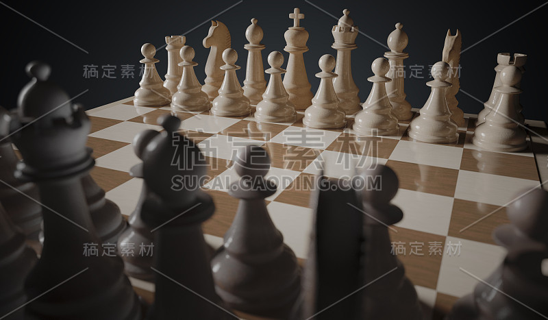 国际象棋游戏开始了。成排的碎片。3 d渲染插图。