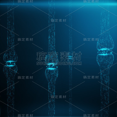 蓝色发光的突触。人工智能概念中的人工神经元。脉冲的突触传输线。抽象多边形空间的低多边形连接点和线，三