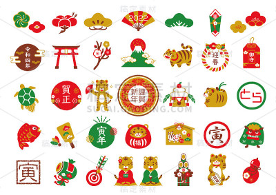 一套印有2022年新年幸运符和日式镜框的插画。