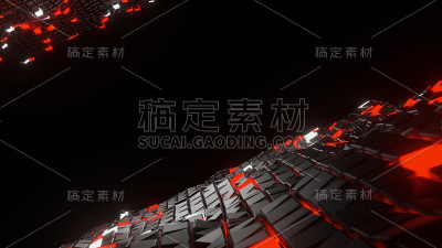 3D渲染立方体设计。红色霓虹灯，立方体道路，抽象的背景未来的模板
