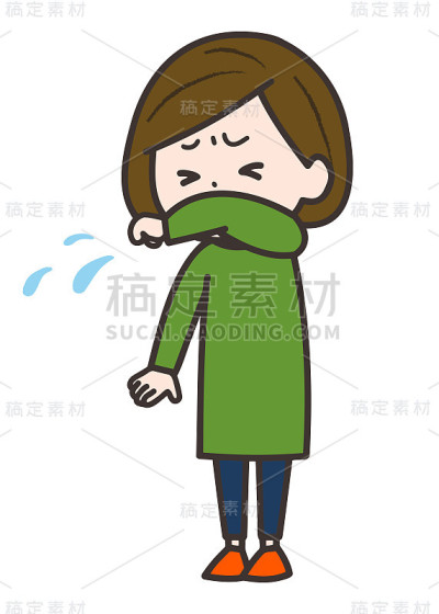 这是一个女人咳嗽或打喷嚏，同时抱着她的胳膊。矢量图像。