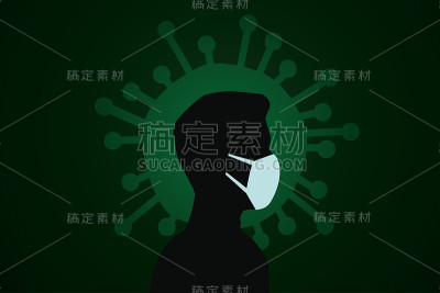 戴口罩的人在绿色细菌的背景下，冠状病毒流行。人物剪影呼吸面具，扁平风格。空气中有细菌和病毒。空气污染