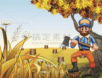 山顶上有树桩和一个拿着斧头的伐木工