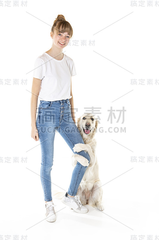 漂亮的少女和她美丽的金毛猎犬在白色的背景