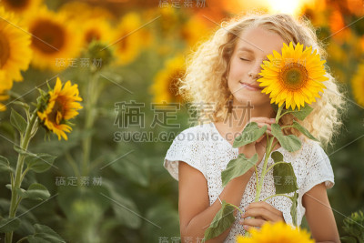 在夕阳下的黄色向日葵的田野里，穿着白色连衣裙的卷毛少女