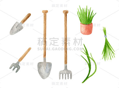 水彩园艺工具套装。手拉耙子，铲子，泥铲，一束草，植物孤立在花盆上白色。春季、夏季为卡片剪报、装饰。