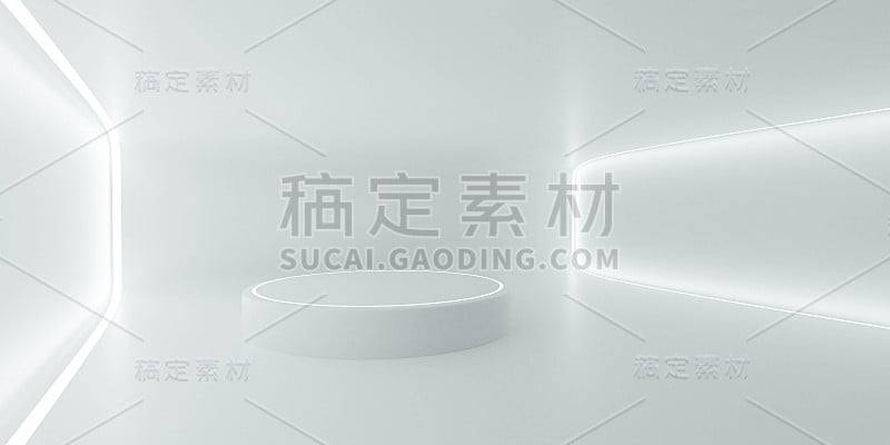 现代白色未来主义建筑设计室与蓝色人工照明3d渲染插图