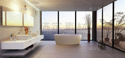 时尚的浴室插图与海景。