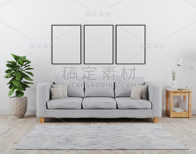 垂直的黑色海报框架模拟。现代客厅与灰色沙发模型。斯堪的纳维亚风格，舒适和时尚的室内背景。三维渲染