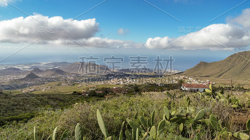 西班牙热带岛屿特内里费的夏日海景。南海岸，阿罗纳村，洛斯克里斯蒂亚诺斯，农业种植园与仙人掌仙人掌。背