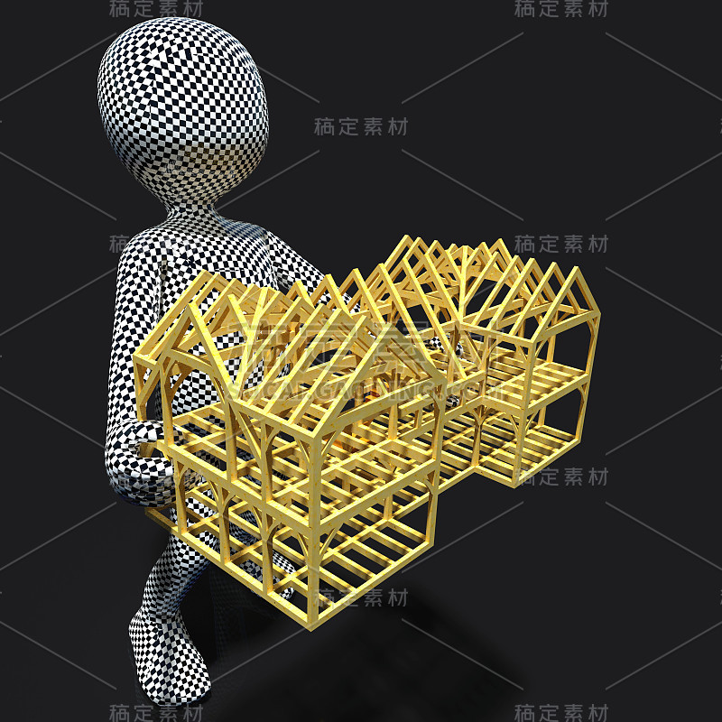 概念家伙拿着木房子孤立的背景3d渲染