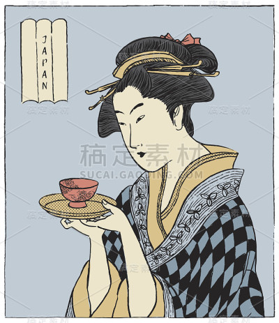 一位拿着一杯茶的日本妇女。日本传统风格。(矢量图)