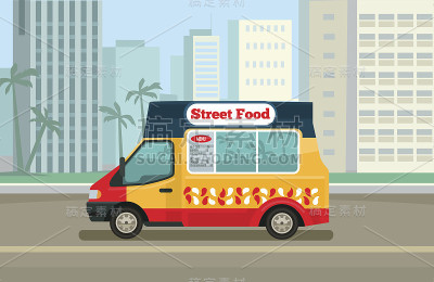 街头食品卡车。矢量平面插图