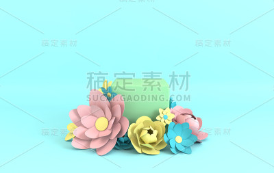 纸花架，讲台，产品展示平台。夏季或春季背景。剪纸3d渲染模型在柔和的颜色