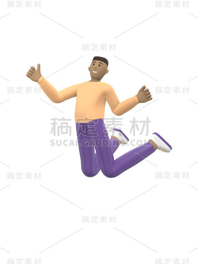 一个年轻活泼的非洲人跳舞、跳跃、漂浮和飞翔。积极的角色在休闲彩色衣服孤立在白色的背景。有趣、抽象的卡