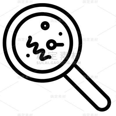 放大玻璃与细菌矢量插图，线条风格图标