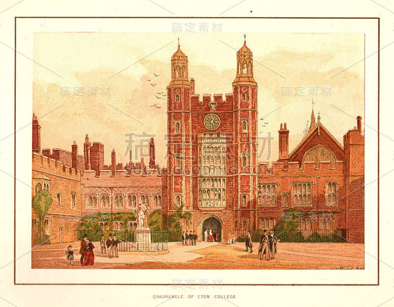 英国伊顿公学四合院的维多利亚色彩插图;19世纪的教育和建筑