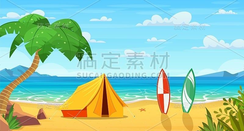 海滩上的夏日时光。棕榈树和周围的植物