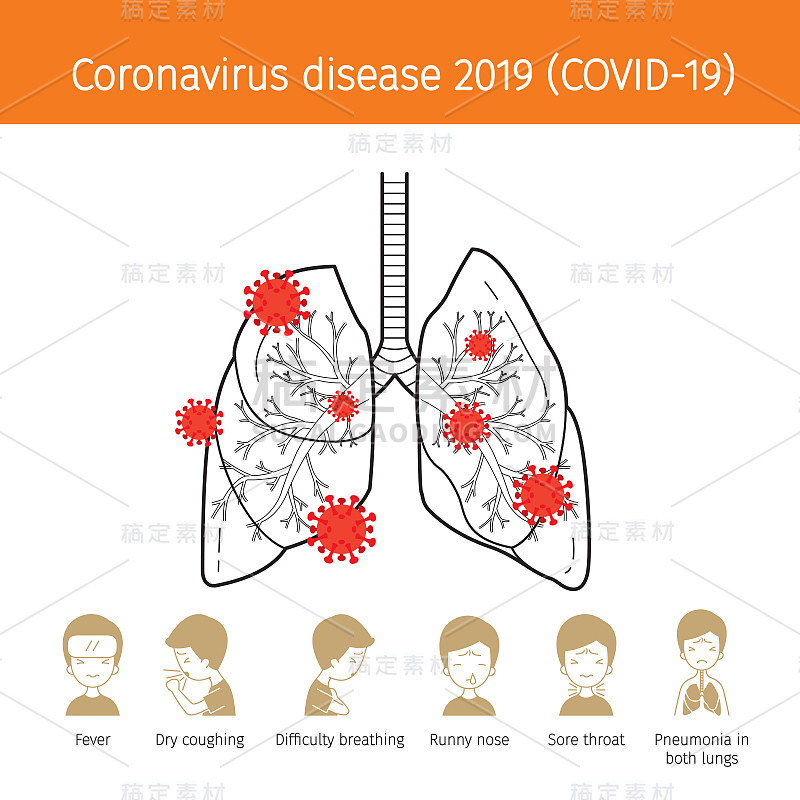 冠状病毒病、Covid-19损害肺部概述。症状的图标