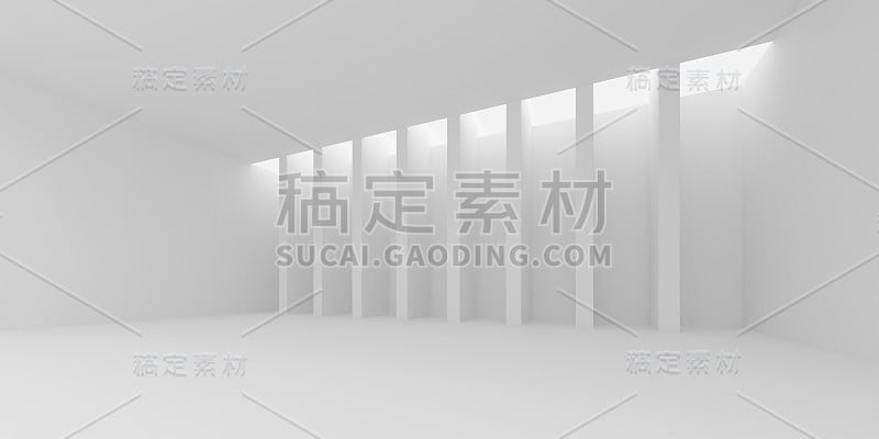 建筑空间的抽象与节奏的白色结构与阳光投射在墙上的阴影。3 d渲染。