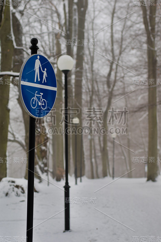 公园在冬天。雪地里的小路。城市公园里的树被雪覆盖着。冬天的季节。