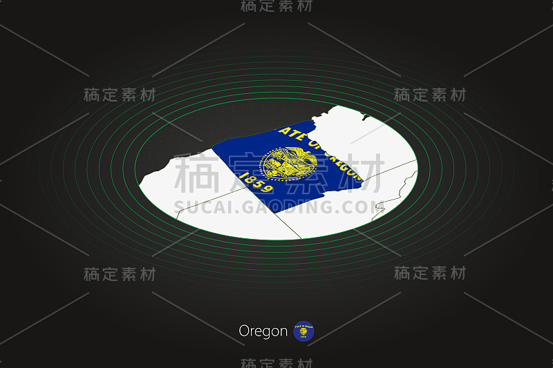 俄勒冈地图在深色，椭圆形地图与邻近的美国州。