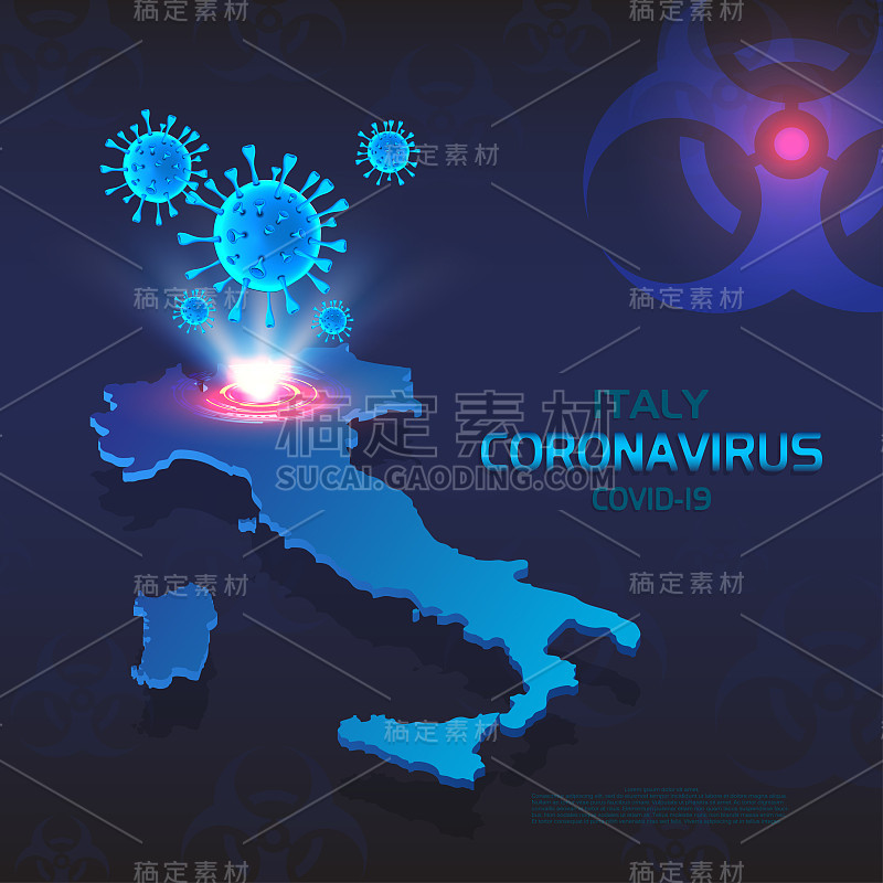 Isometric map of Italy with highlighted zone COVID