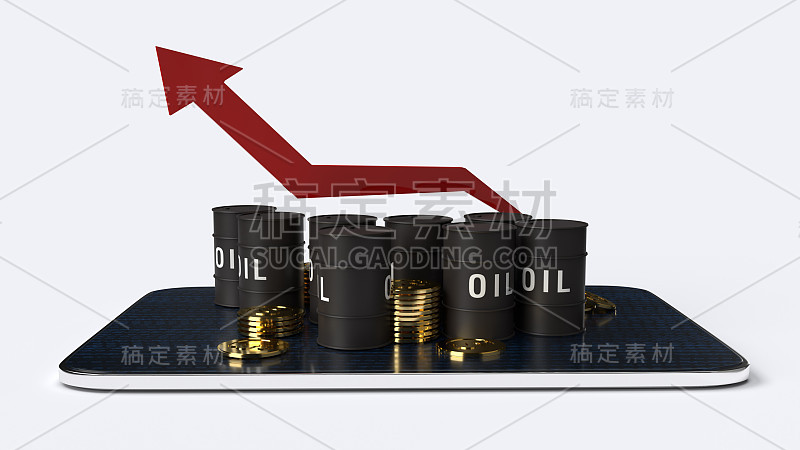 红色箭头指向和油罐3d渲染图像的石油业务内容。