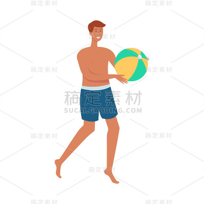 矢量袒胸男子与球打沙滩排球