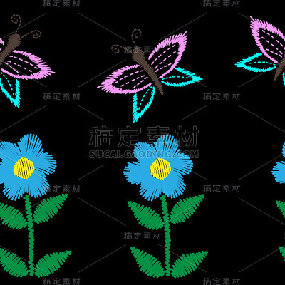 无缝图案用蝴蝶和花绣针法仿制