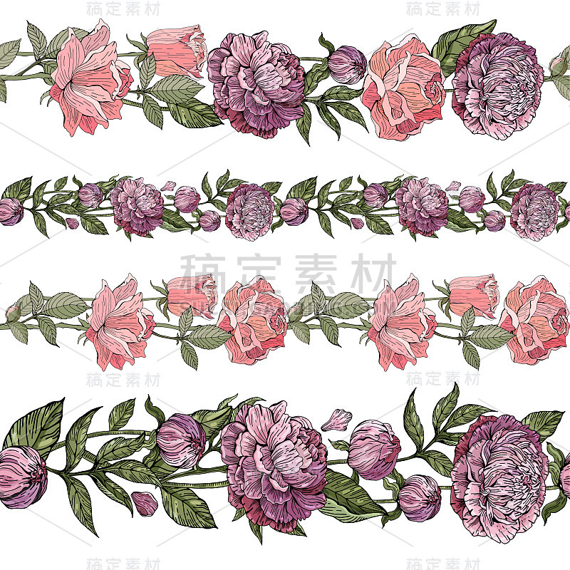 Horizontal border with flowers: pink roses and peo