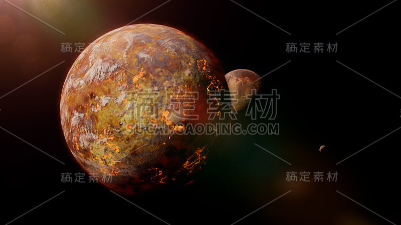 月亮被明亮的恒星照亮的外星熔岩行星