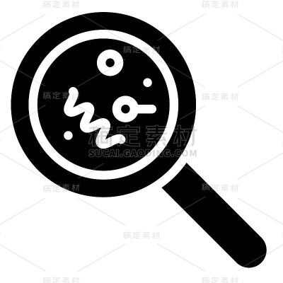 放大玻璃与细菌矢量插图，固体风格图标