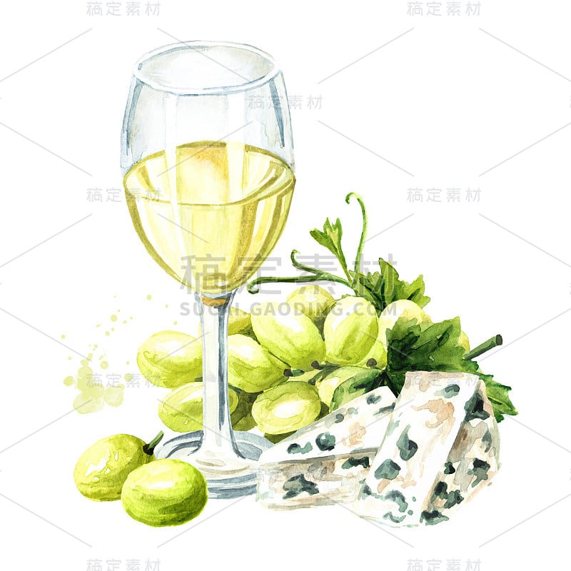 一杯白葡萄酒，新鲜成熟的绿葡萄和蓝霉奶酪。手绘水彩插图，孤立的白色背景