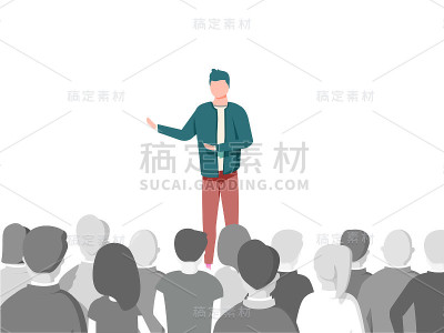 一个富有创造力的人在会议大厅的舞台上向观众演讲。便装喇叭
