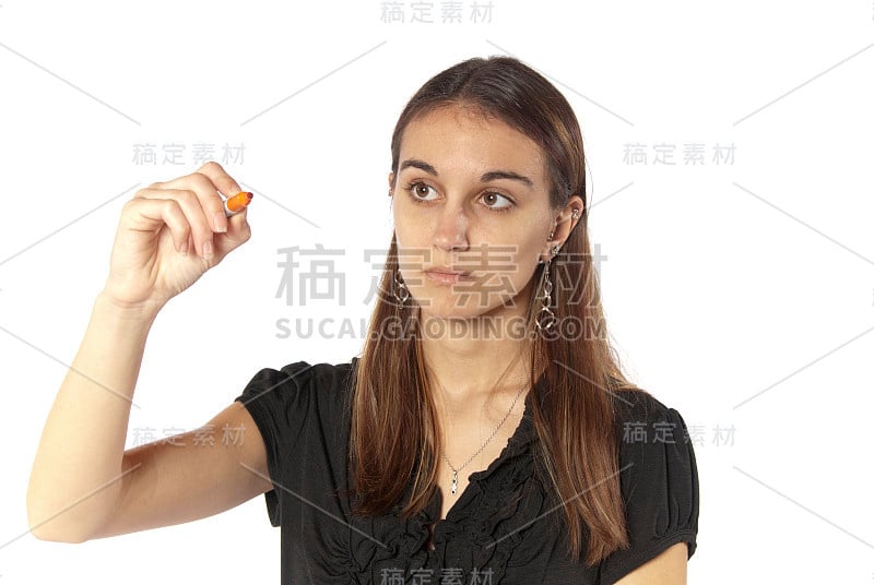 女商人用玻璃对着相机写字