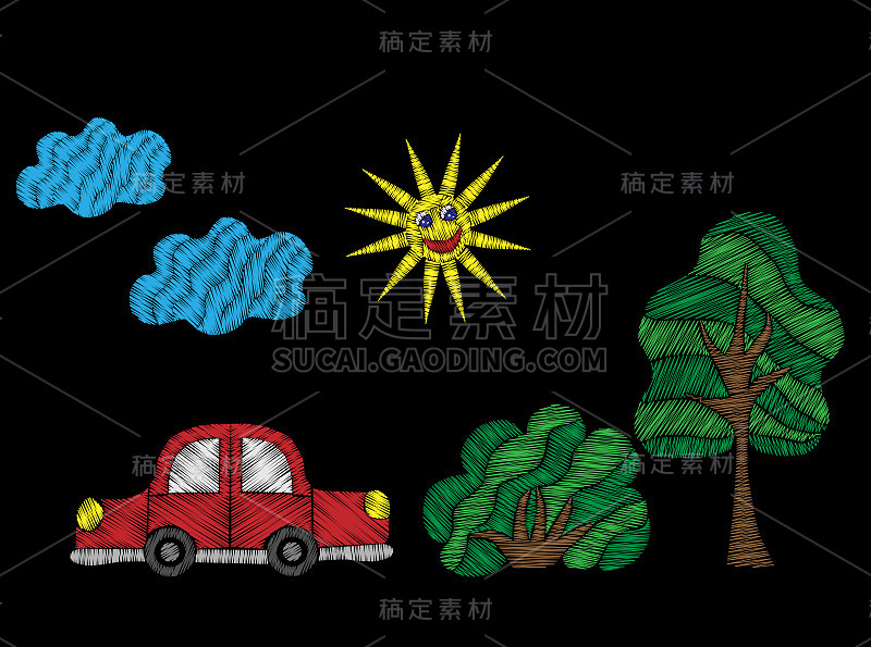 树和灌木用红车和太阳绣针仿制