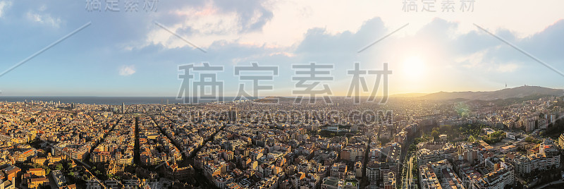 全景无人机航拍著名的直向下视图，eiexample街道和古老的传统建筑和街道交通，美丽的西班牙著名城