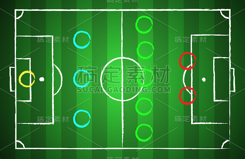 足球场上用粉笔画风格，战术方案为3-5-2。插图eps 10