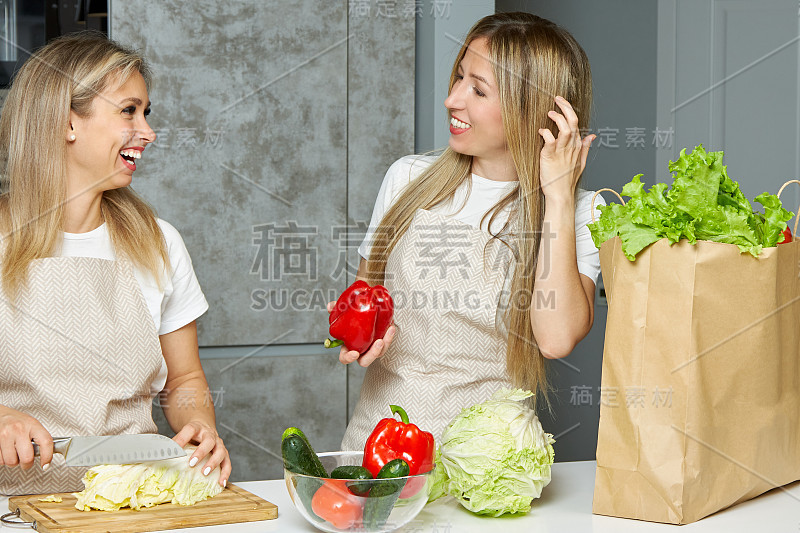 两个漂亮的女朋友愉快地互相沟通，同时准备健康的食物