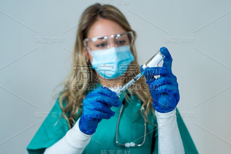 Doctor, nurse, scientist hand in blue gloves holdi