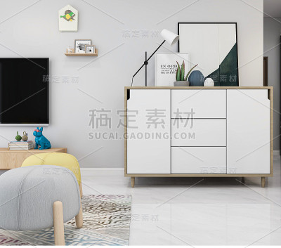 3D效果图，现代住宅宽敞的客厅设计，配有沙发、茶几、装饰画等