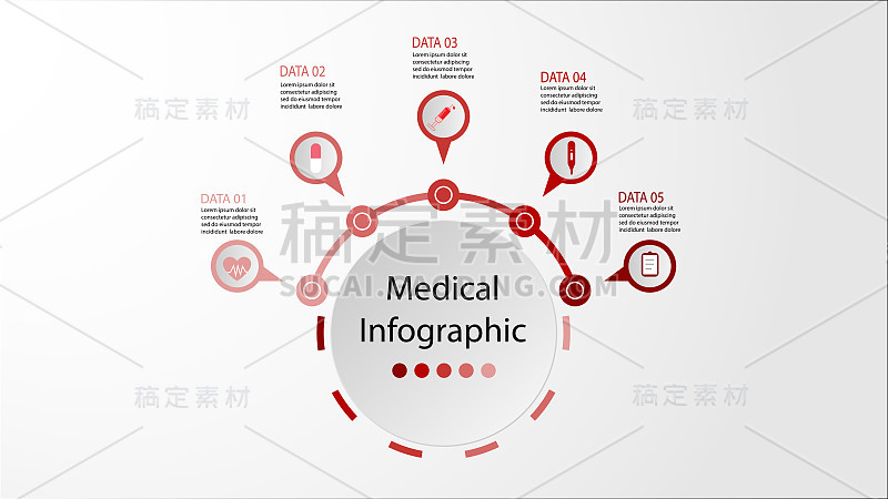 信息图形医学，医学概念5个选项，部分，步骤