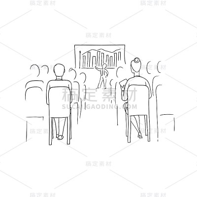 矢量草图黑色轮廓孤立的插图商业人士。女人和男人在会议，会议和谈判。演讲者演讲或会议上的演讲者听众在听